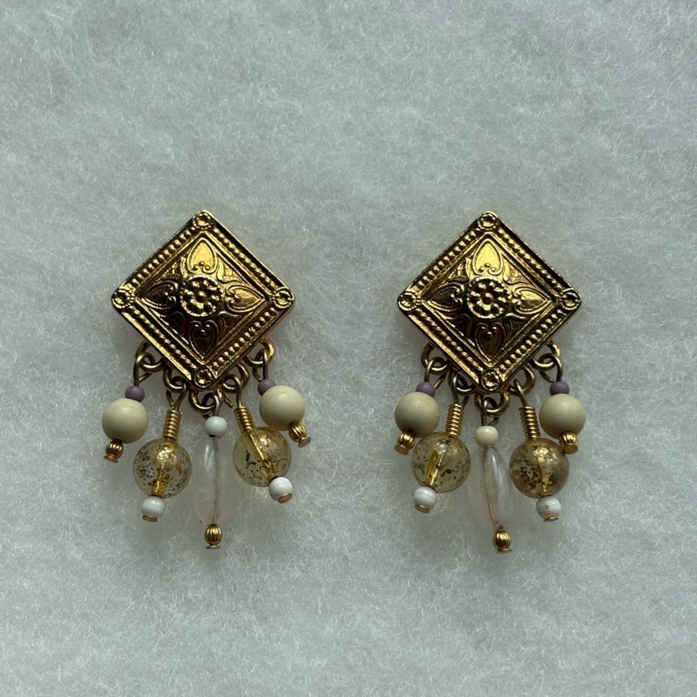 Gold Tone Square Beaded Earrings